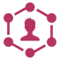 Icon in magenta depicts a central silhouette of a person surrounded by a hexagonal network of connected dots, symbolizing networking or connectivity.