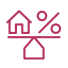 A pink icon showing a house and a percentage symbol balanced on opposite ends of a seesaw, indicating the concept of balancing property and financial considerations.