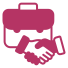 A maroon icon depicting a handshake in front of a briefcase. The combination symbolizes partnership or business agreement.