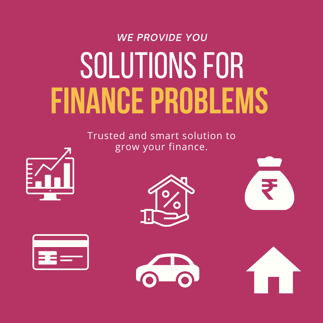 A promotional graphic with the text "We provide you solutions for finance problems" and "Trusted and smart solution to grow your finance." It features icons representing financial growth, a house, money bag, credit card, car, and home, all on a pink background.